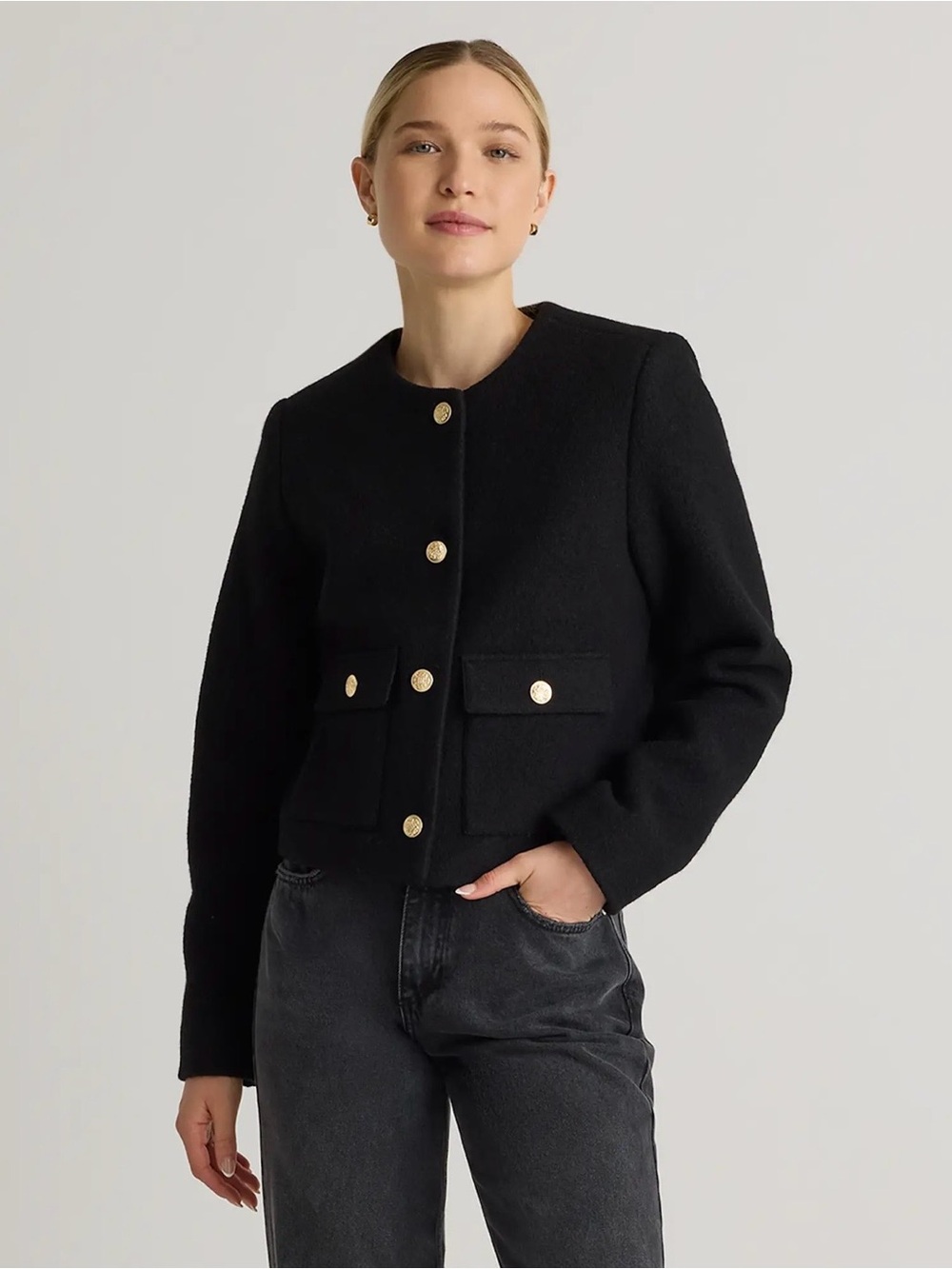 Quince 100% Merino Wool Collarless Cropped Jacket